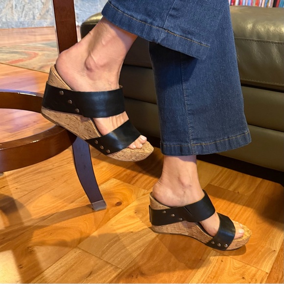 Lucky Brand Magnolia Cork Wedge Sandals Black Leather Slides Boho Comfort Size 8 - Picture 12 of 12